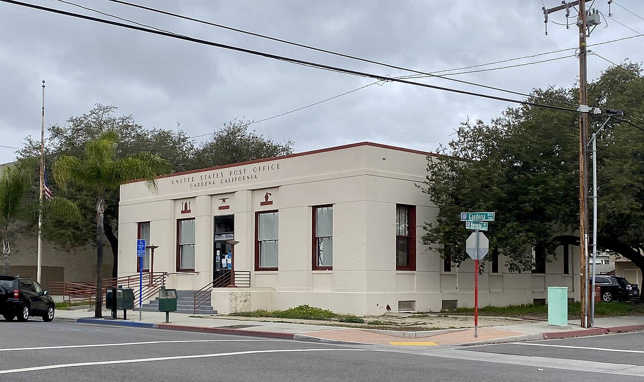 Street corner view of the Gardena Boulevard post office in Gardena, CA 90247